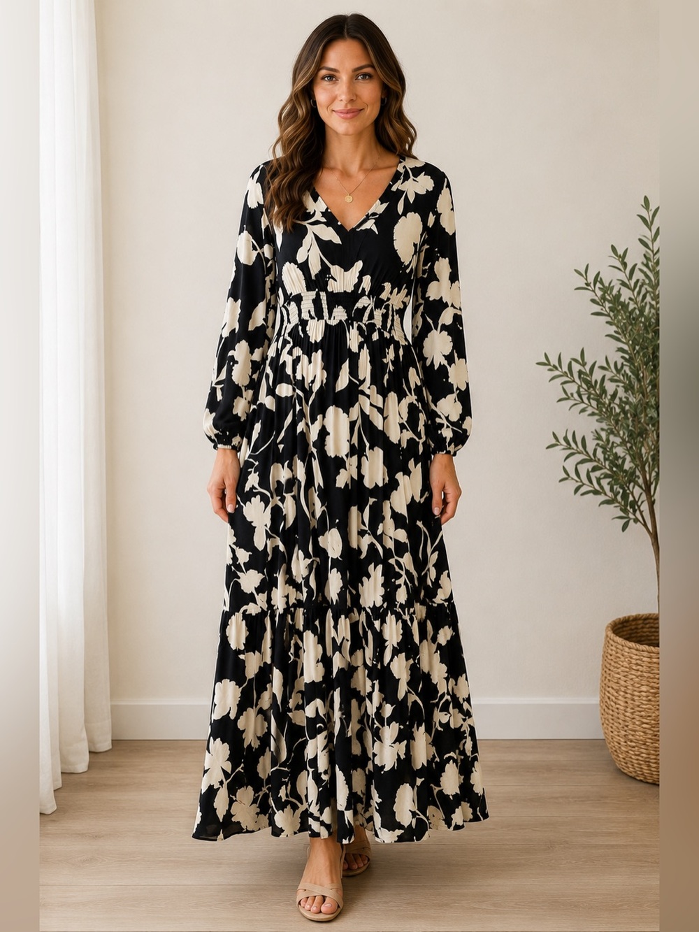 Knox Rose Maxi Dress Women’s Small Black Cream Floral Boho Tiered Long Sleeve